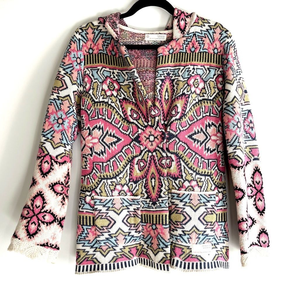 Odd Molly Vibrant Scandi Knit Patterned Cotton Hooded Sweater Jacket “2” Medium